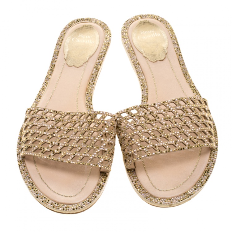 Pre Owned René Caovilla Beige Laser Cut Suede Crystal Embellished Flat Slides Size 38