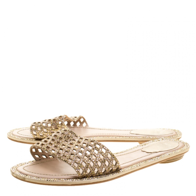 Pre Owned René Caovilla Beige Laser Cut Suede Crystal Embellished Flat Slides Size 38