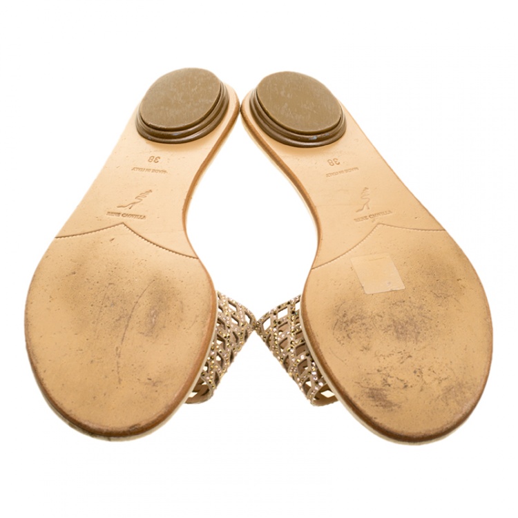 Pre Owned René Caovilla Beige Laser Cut Suede Crystal Embellished Flat Slides Size 38