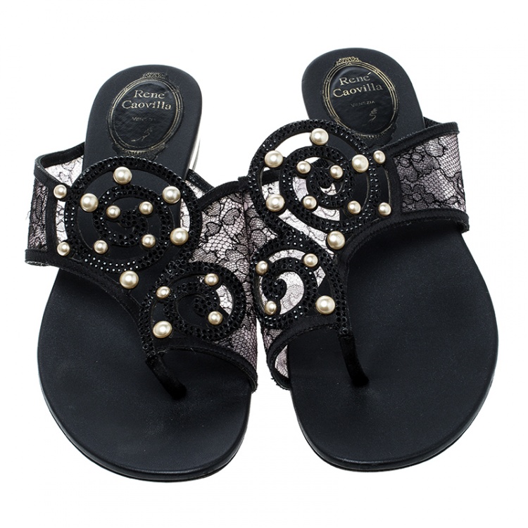 Pre Owned René Caovilla Black Embellished Lace and Satin Flat Sandals Size 38