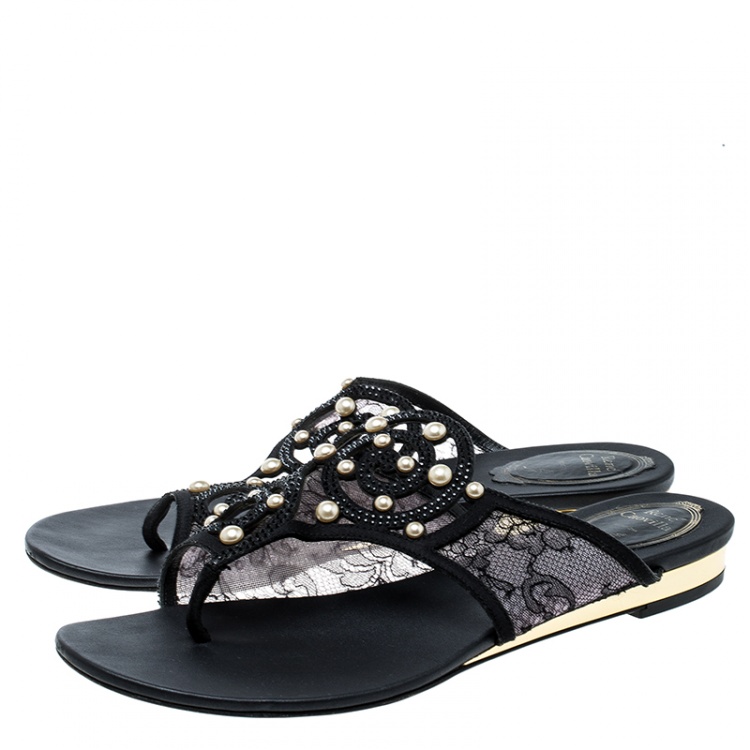 Pre Owned René Caovilla Black Embellished Lace and Satin Flat Sandals Size 38
