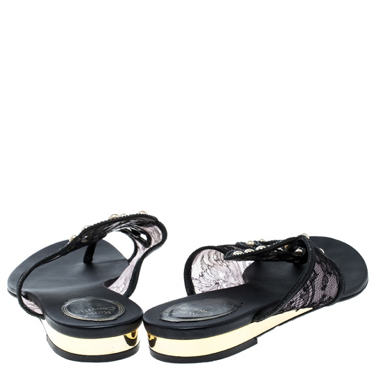 Pre Owned René Caovilla Black Embellished Lace and Satin Flat Sandals Size 38