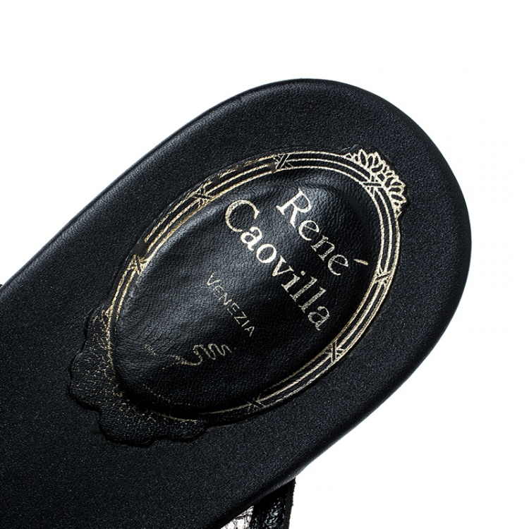Pre Owned René Caovilla Black Embellished Lace and Satin Flat Sandals Size 38