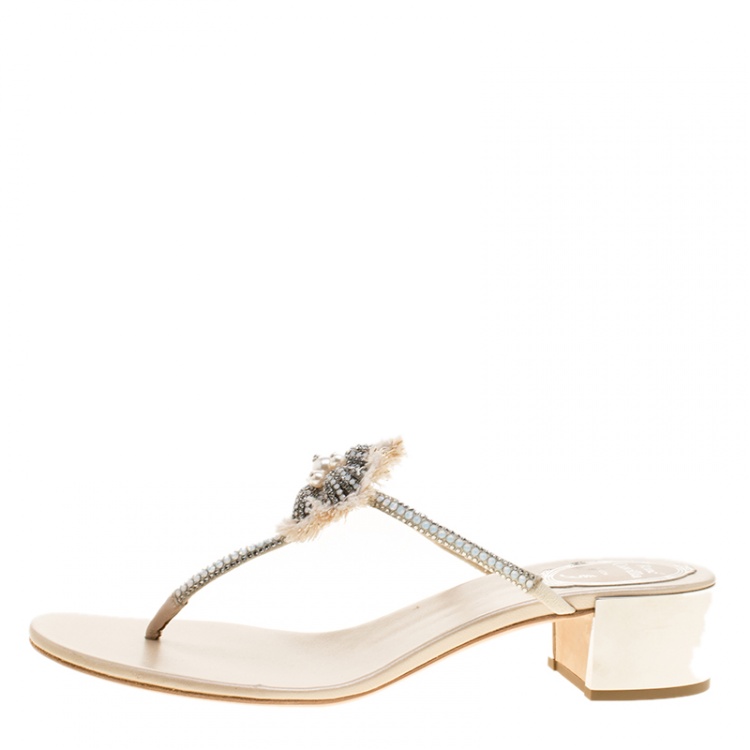 Pre Owned René Caovilla Cream Leather Crystal Embellished Thong Sandals Size 38.5