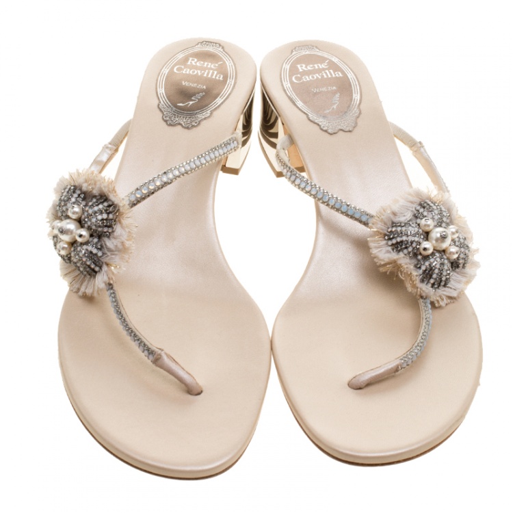 Pre Owned René Caovilla Cream Leather Crystal Embellished Thong Sandals Size 38.5