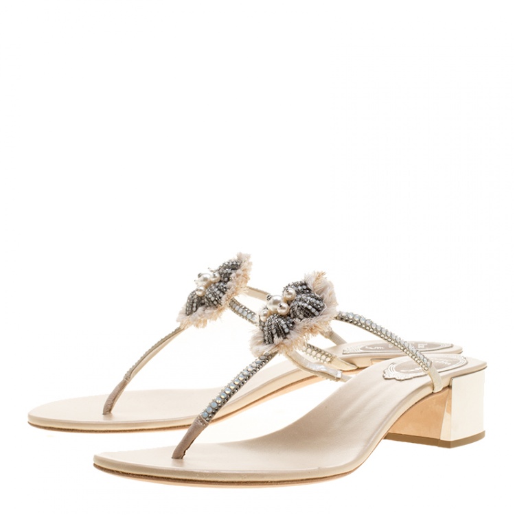 Pre Owned René Caovilla Cream Leather Crystal Embellished Thong Sandals Size 38.5