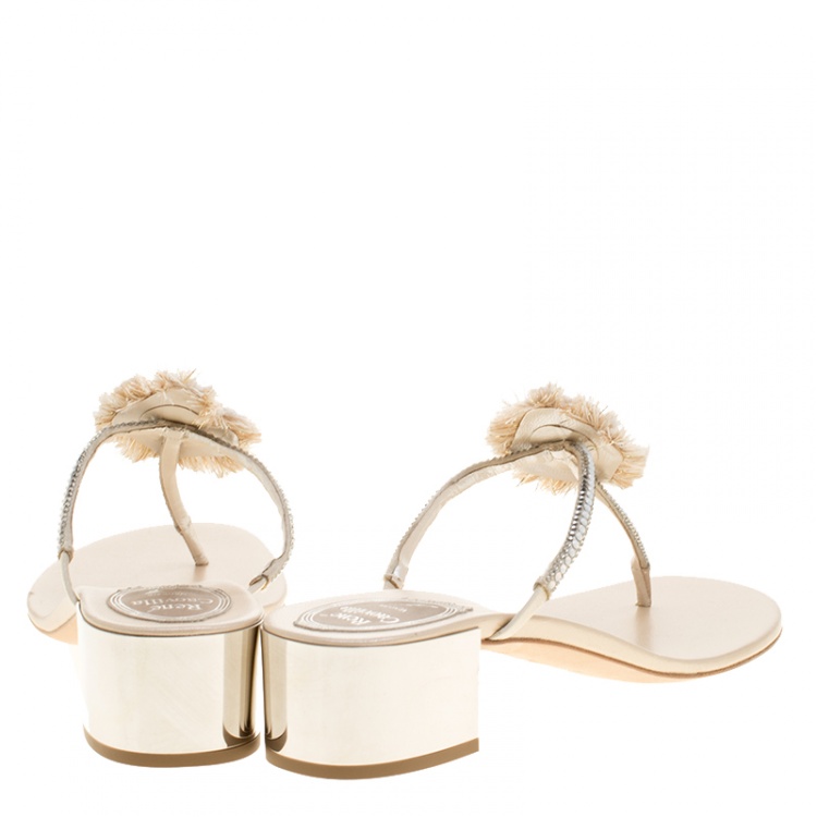 Pre Owned René Caovilla Cream Leather Crystal Embellished Thong Sandals Size 38.5