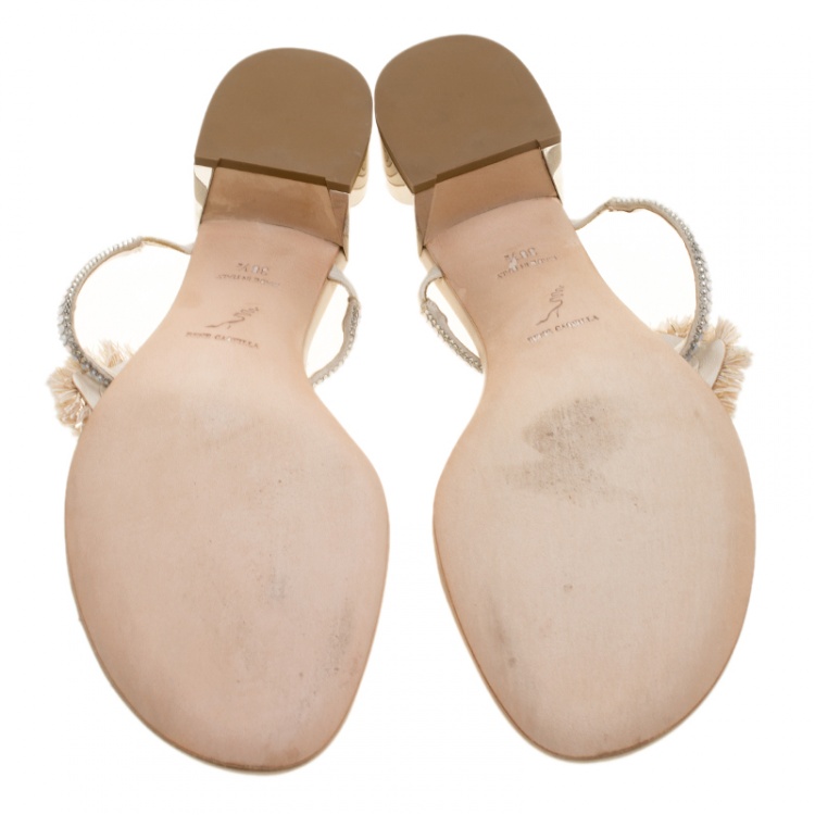 Pre Owned René Caovilla Cream Leather Crystal Embellished Thong Sandals Size 38.5