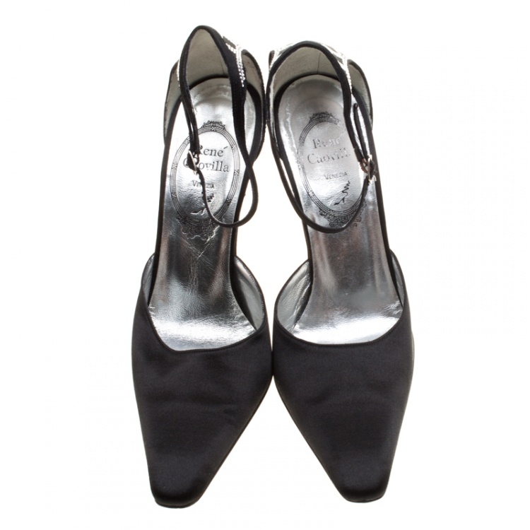 Pre Owned René Caovilla Black Satin Crystal Embellished Pointed Toe Ankle Strap Sandals Size 38