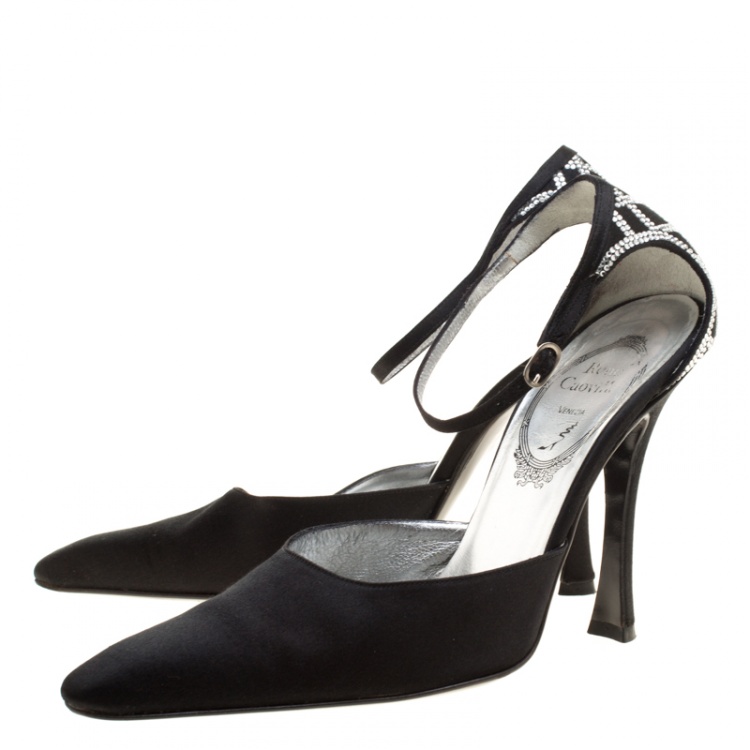 Pre Owned René Caovilla Black Satin Crystal Embellished Pointed Toe Ankle Strap Sandals Size 38