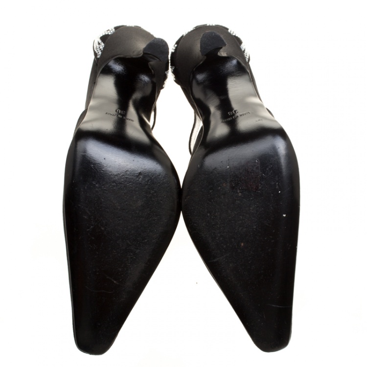 Pre Owned René Caovilla Black Satin Crystal Embellished Pointed Toe Ankle Strap Sandals Size 38