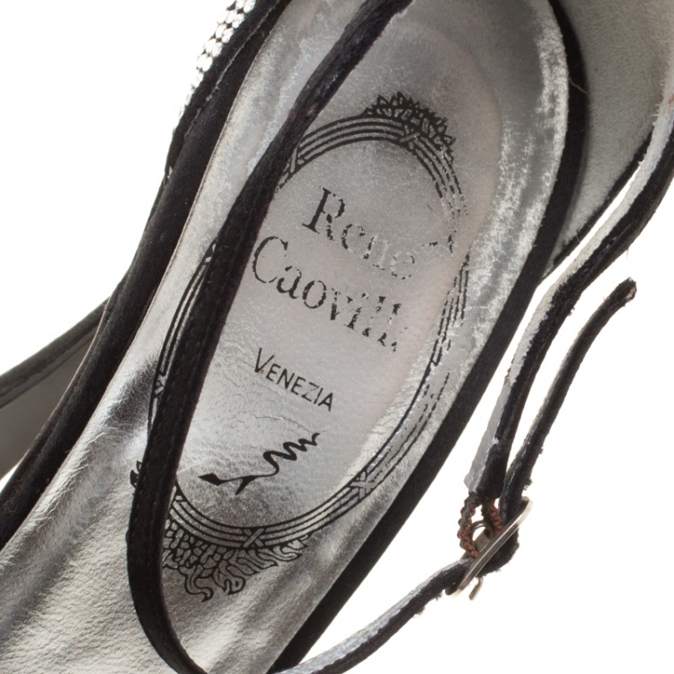 Pre Owned René Caovilla Black Satin Crystal Embellished Pointed Toe Ankle Strap Sandals Size 38
