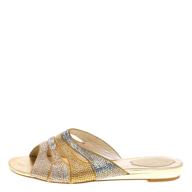 Pre Owned René Caovilla Multicolor Crystal Embellished Satin Slides Size 37.5