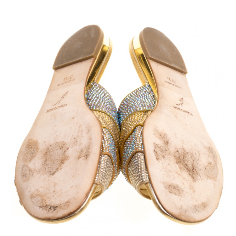 Pre Owned René Caovilla Multicolor Crystal Embellished Satin Slides Size 37.5