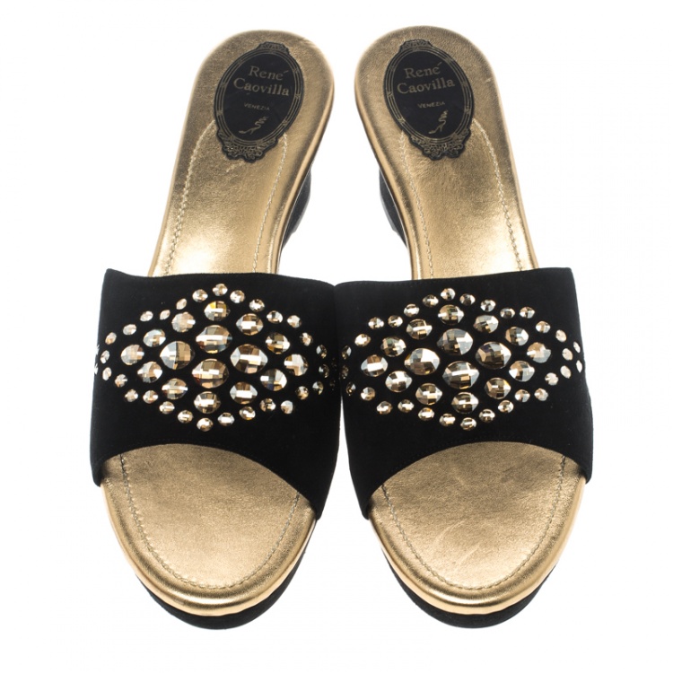 Pre Owned René Caovilla Black Suede Crystal Embellished Wedge Slides Size 42