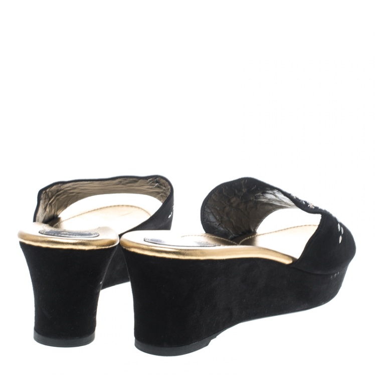 Pre Owned René Caovilla Black Suede Crystal Embellished Wedge Slides Size 42