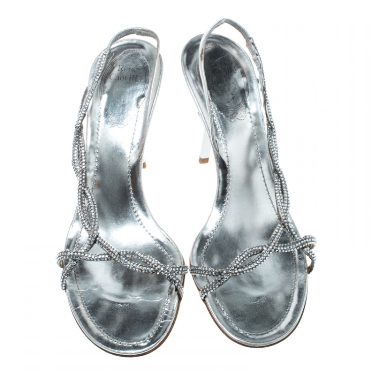 Pre Owned René Caovilla Metallic Silver Leather Crystal Embellished Open Toe Slingback Sandals Size 38