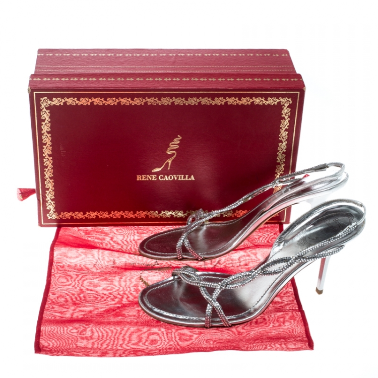 Pre Owned René Caovilla Metallic Silver Leather Crystal Embellished Open Toe Slingback Sandals Size 38
