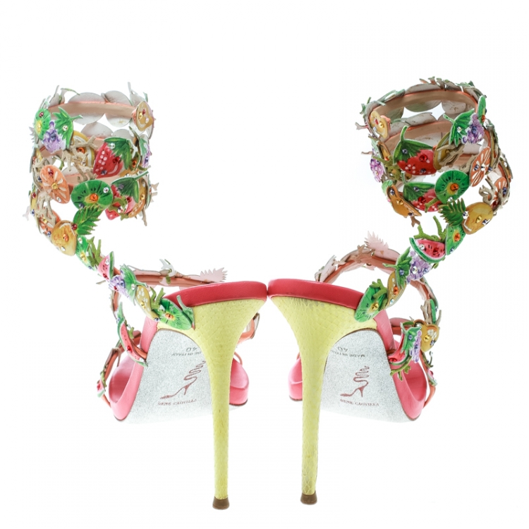 Pre Owned René Caovilla Multicolor Leather Fruit Applique Ankle Wrap Sandals Size 40