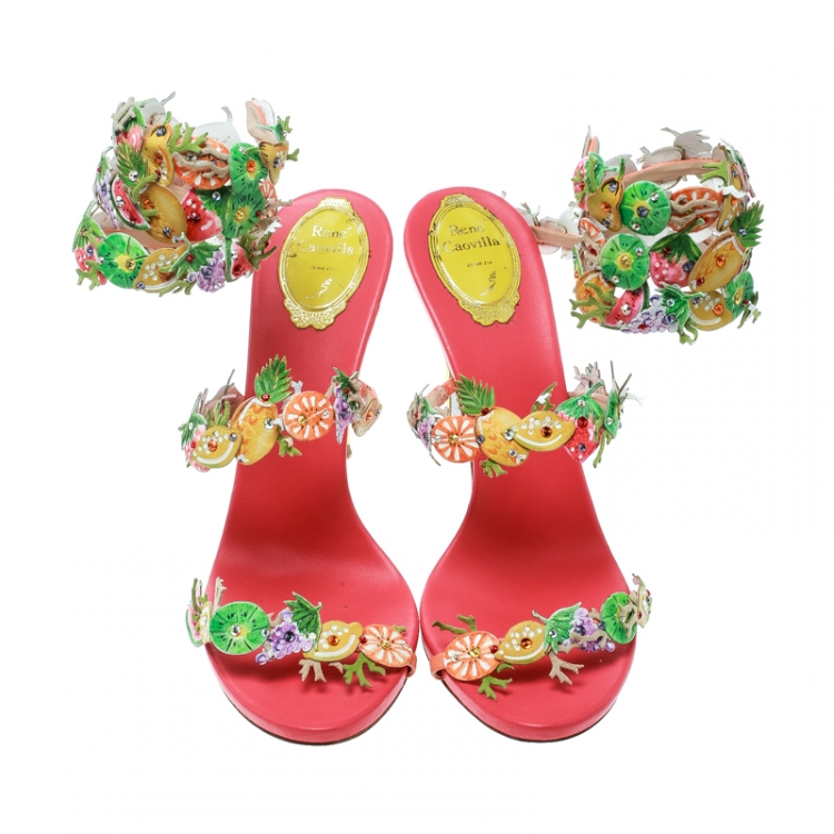 Pre Owned René Caovilla Multicolor Leather Fruit Applique Ankle Wrap Sandals Size 40