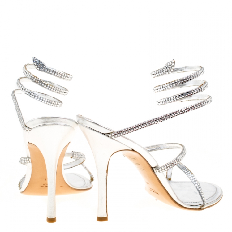 Pre Owned René Caovilla Metallic Silver Crystal Embellished Ankle Wrap Sandals Size 41