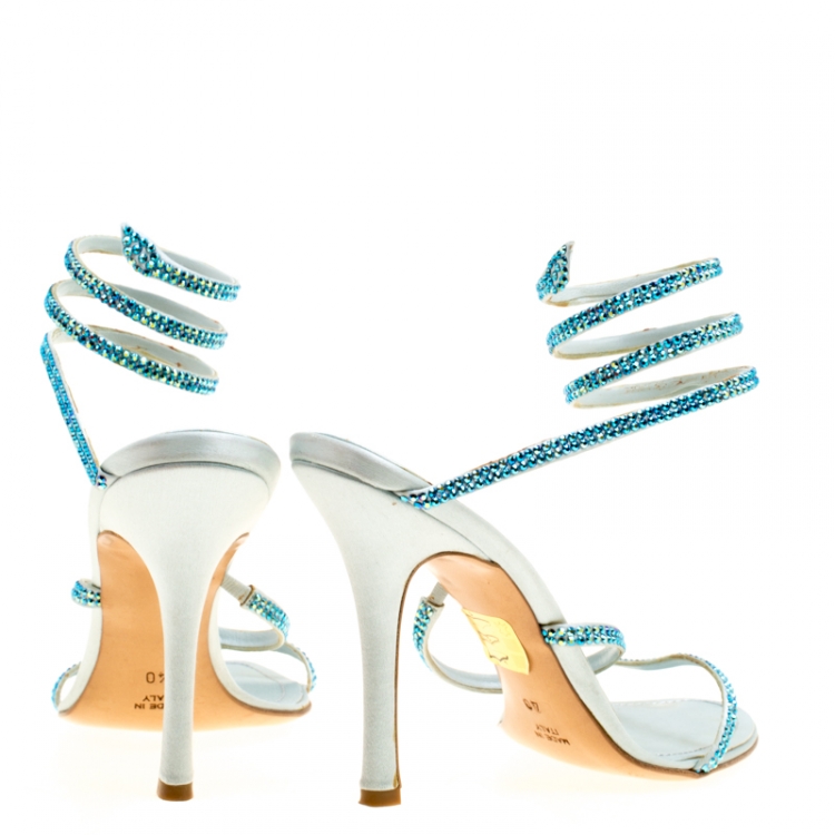 Pre Owned Rene Caovilla Metallic Blue Crystal Embellished Ankle Wrap Sandals Size 40