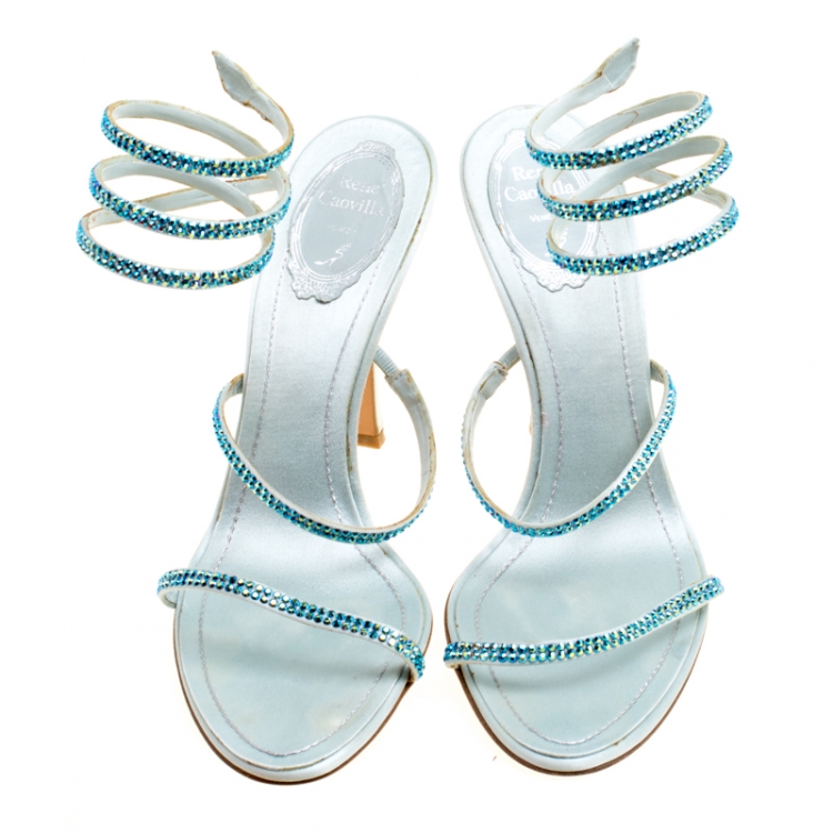 Pre Owned Rene Caovilla Metallic Blue Crystal Embellished Ankle Wrap Sandals Size 40