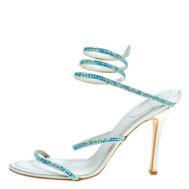 Pre Owned Rene Caovilla Metallic Blue Crystal Embellished Ankle Wrap Sandals Size 40