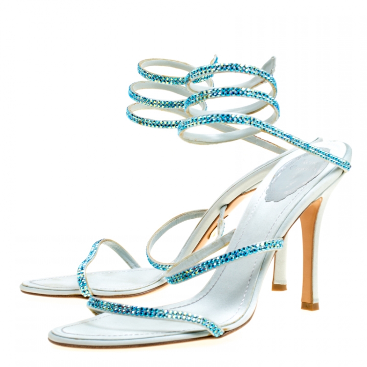 Pre Owned Rene Caovilla Metallic Blue Crystal Embellished Ankle Wrap Sandals Size 40