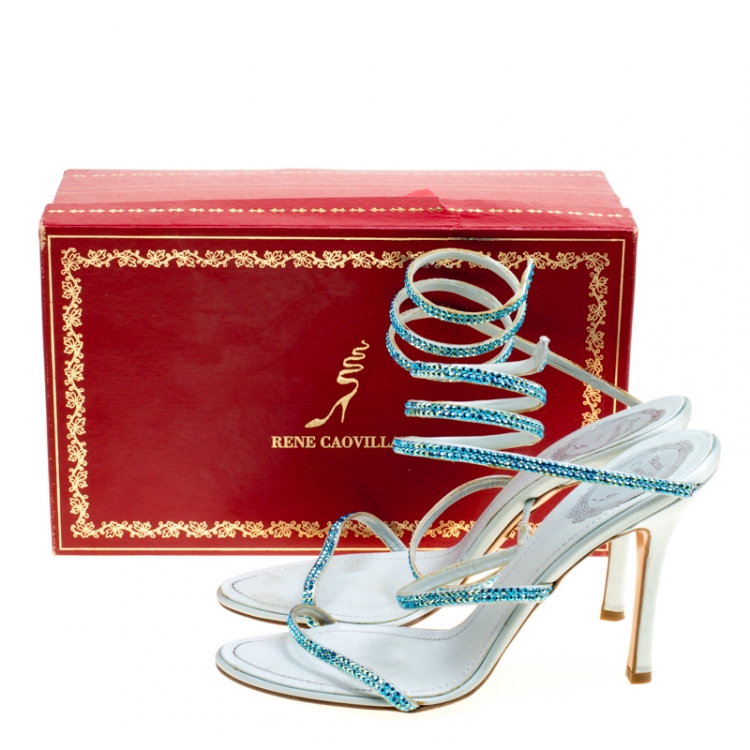 Pre Owned Rene Caovilla Metallic Blue Crystal Embellished Ankle Wrap Sandals Size 40