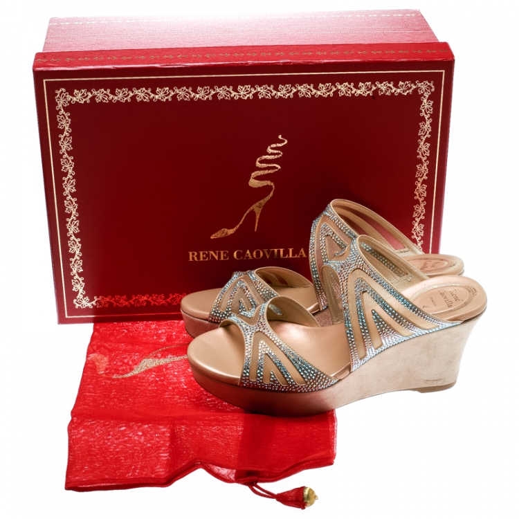 Pre Owned Rene Caovilla Beige Crystal Embellished Fabric And Mesh Platform Wedge Slides Size 36
