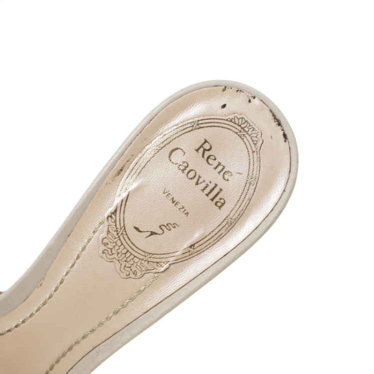 Pre Owned  Rene Caovilla Beige Lace Crystal Embellished Peep Toe Slides Size 37