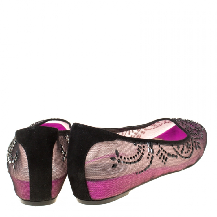 Pre Owned Rene Caovilla Black/Purple Crystal Embellished Mesh Ballet Flats Size 38.5
