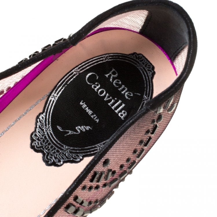 Pre Owned Rene Caovilla Black/Purple Crystal Embellished Mesh Ballet Flats Size 38.5