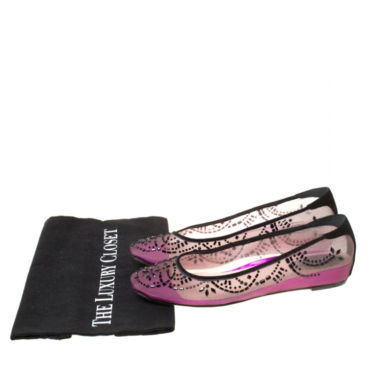Pre Owned Rene Caovilla Black/Purple Crystal Embellished Mesh Ballet Flats Size 38.5