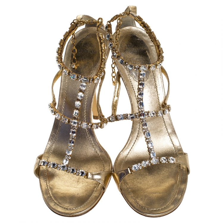 Pre Owned Rene Caovilla Metallic Gold Crystal Embellished Strappy Sandals Size 38