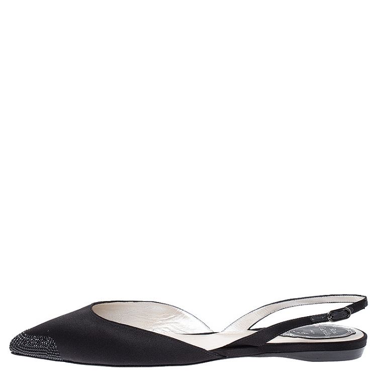 Pre Owned Rene Caovilla Black Crystal Embellished Satin Operina Slingback Flats Size 40