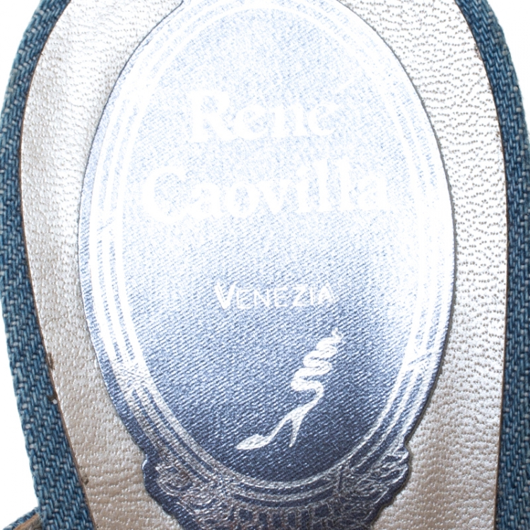Pre Owned René Caovilla Blue Denim Crystal Embellished Slides Size 37.5