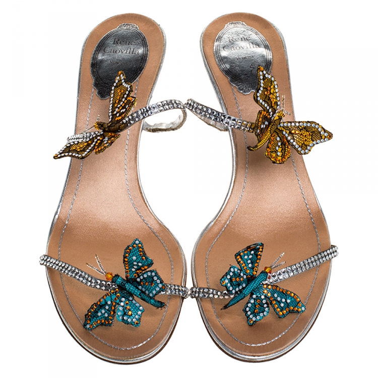 مملوكة مسبقًا René Caovilla Multicolor Lame Fabric And Lace Butterfly Crystal Embellished Slide Sandals Size 39