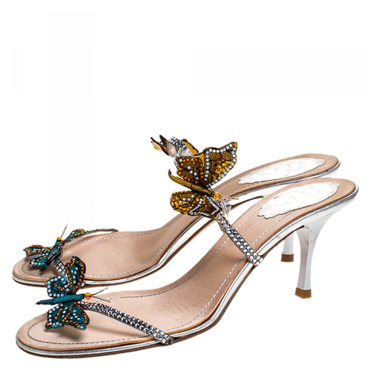 مملوكة مسبقًا René Caovilla Multicolor Lame Fabric And Lace Butterfly Crystal Embellished Slide Sandals Size 39