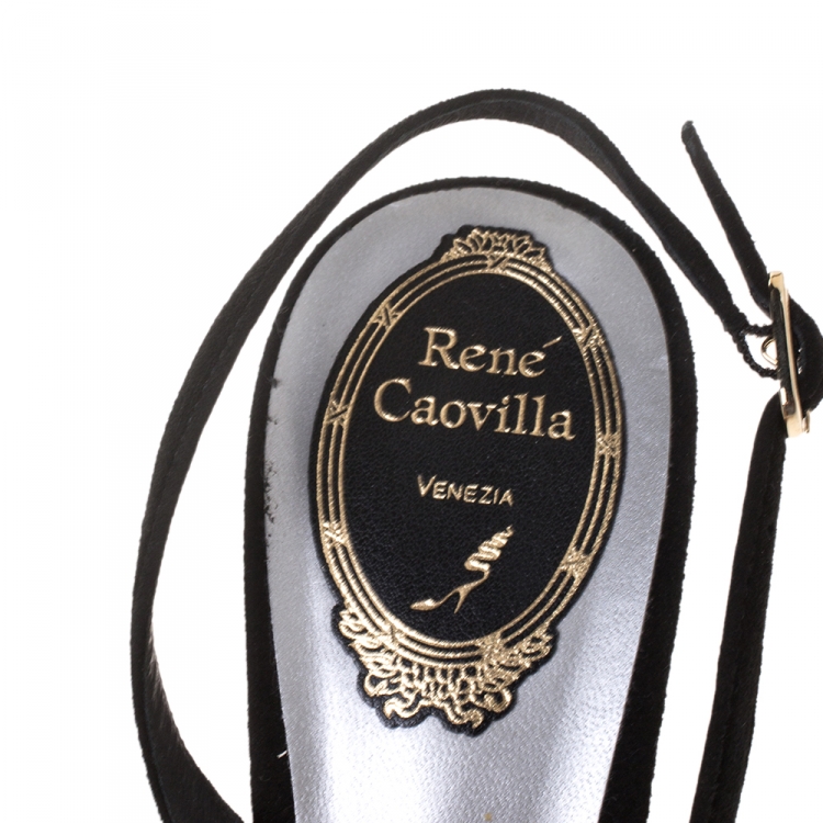 Pre Owned René Caovilla Black Mesh And Suede Trim Crystal Embellished Slingback Pointed Toe Sandals Size 39