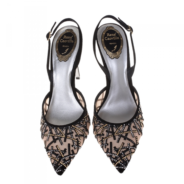 Pre Owned René Caovilla Black Mesh And Suede Trim Crystal Embellished Slingback Pointed Toe Sandals Size 39