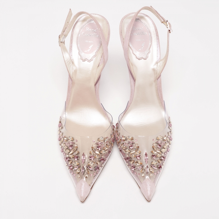 Pre Owned René Caovilla Lilac Shimmer Suede and PVC Claire Crystals Embellished Sandals Size 38