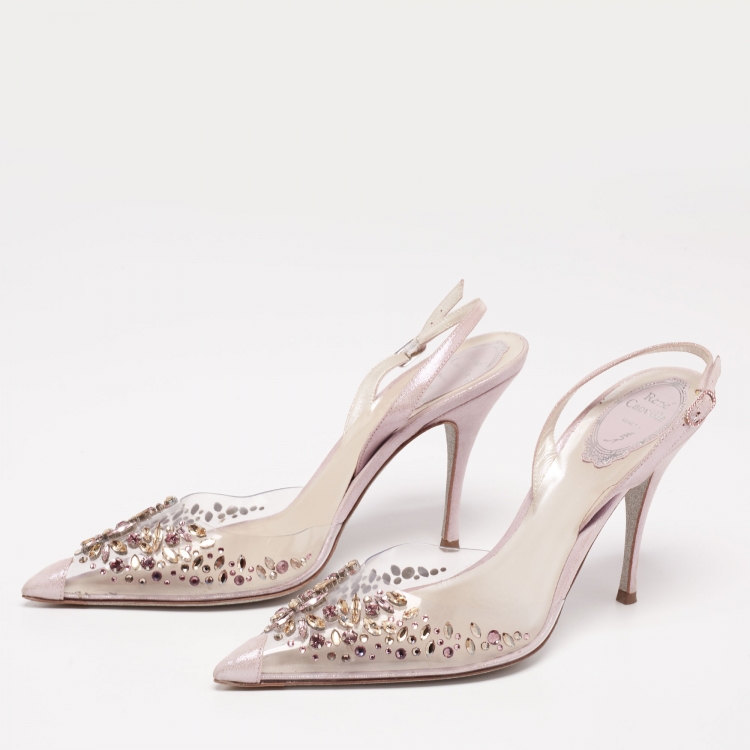 Pre Owned René Caovilla Lilac Shimmer Suede and PVC Claire Crystals Embellished Sandals Size 38