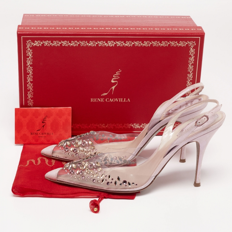 Pre Owned René Caovilla Lilac Shimmer Suede and PVC Claire Crystals Embellished Sandals Size 38
