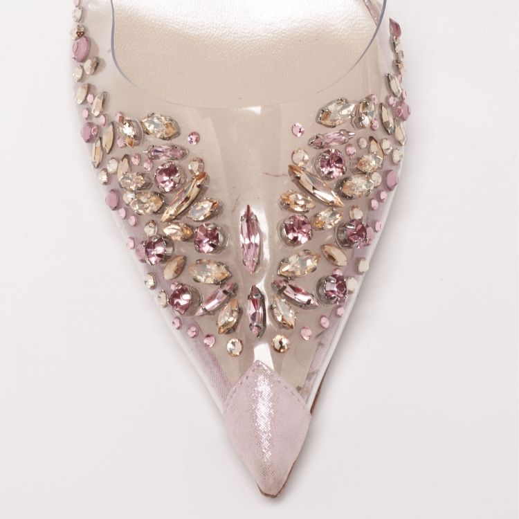Pre Owned René Caovilla Lilac Shimmer Suede and PVC Claire Crystals Embellished Sandals Size 38