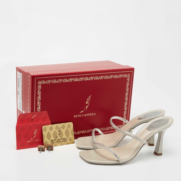 Pre Owned René Caovilla Light Grey Crystal Embellished Satin Sandal Size 38