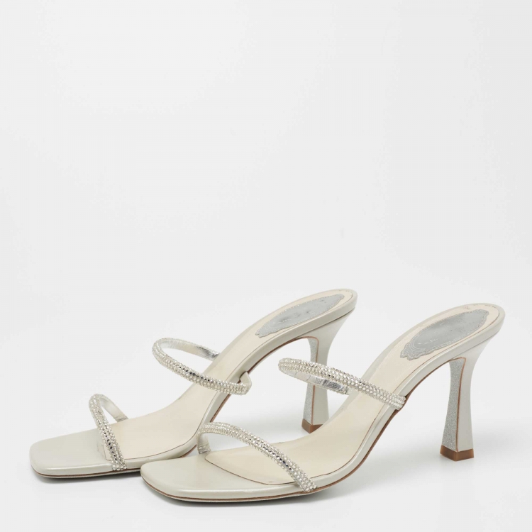 Pre Owned René Caovilla Light Grey Crystal Embellished Satin Sandal Size 38