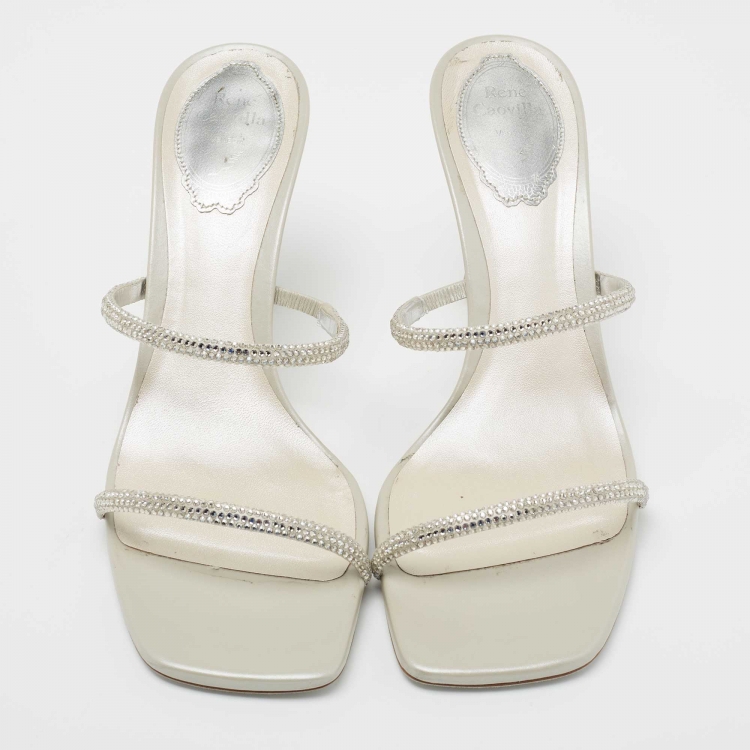 Pre Owned René Caovilla Light Grey Crystal Embellished Satin Sandal Size 38