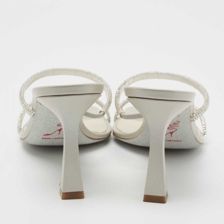 Pre Owned René Caovilla Light Grey Crystal Embellished Satin Sandal Size 38